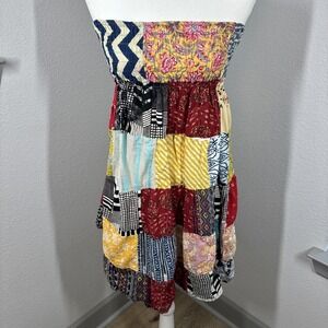 Wayan Natural Wear Strapless Smocked Patchwork One Size Mini Dress Beach Resort